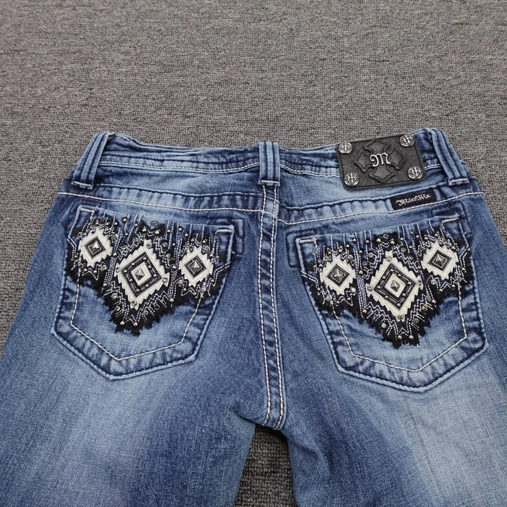 Miss Me Jeans Womens 27 Blue Skinny Low Rise Aztec Embroidered Denim JW5416S3